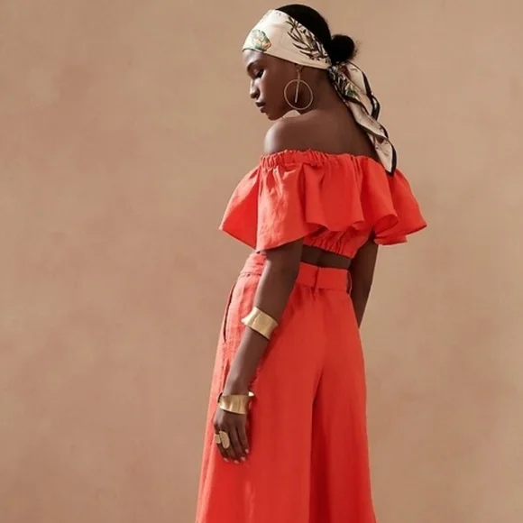 Banana Republic Meridian Linen Off The Shoulder Ruffle Crop Top Coral - Size S - Picture 2 of 7